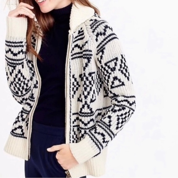 J. Crew Fair Isle Full Zip Thick Knit Lambswool Cardigan Sweater Cream Blue Boho - Picture 1 of 11
